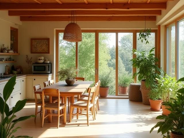 Eco-friendly family home interior with natural materials and abundant light.